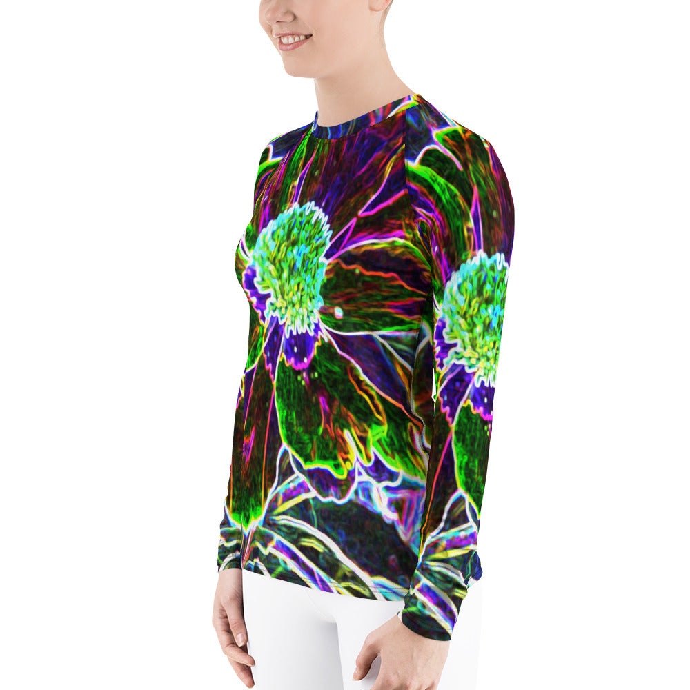 Women's Rash Guard, Abstract Garden Peony in Black and Blue