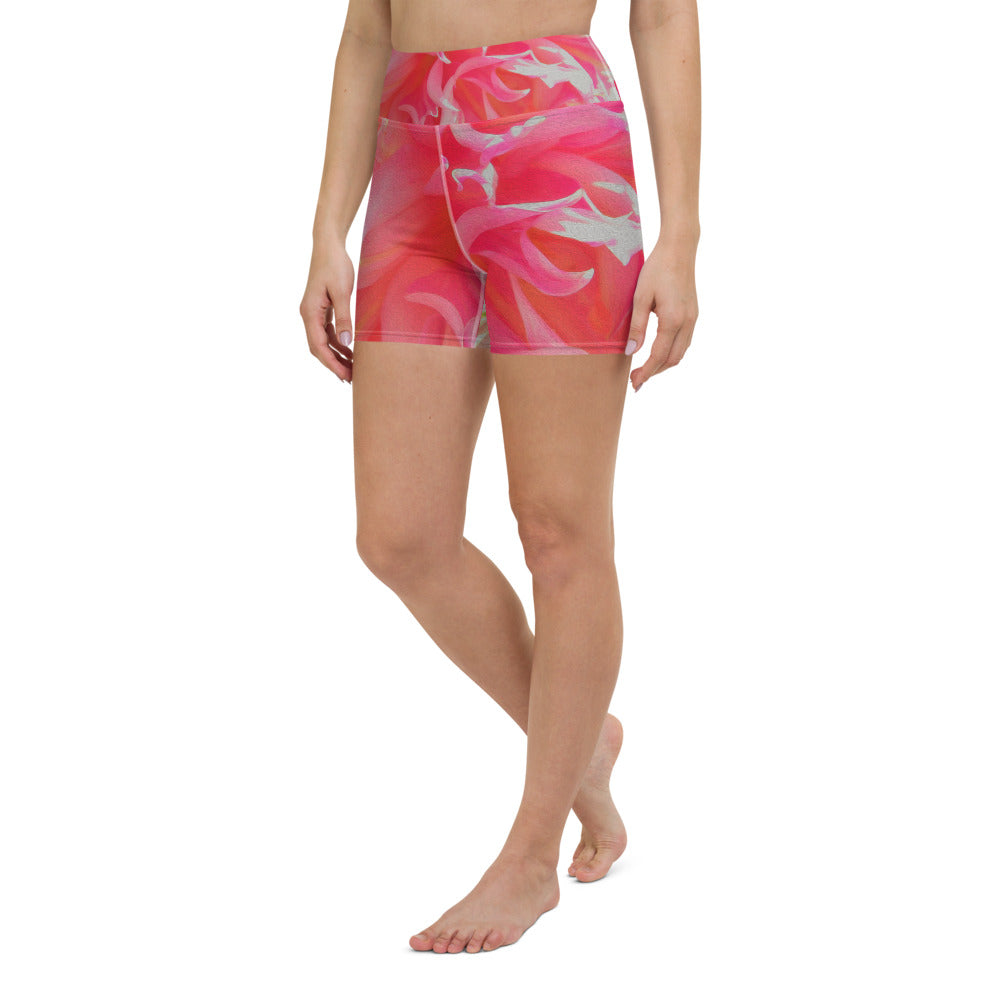 Yoga Shorts, Elegant Coral and Pink Decorative Dahlia