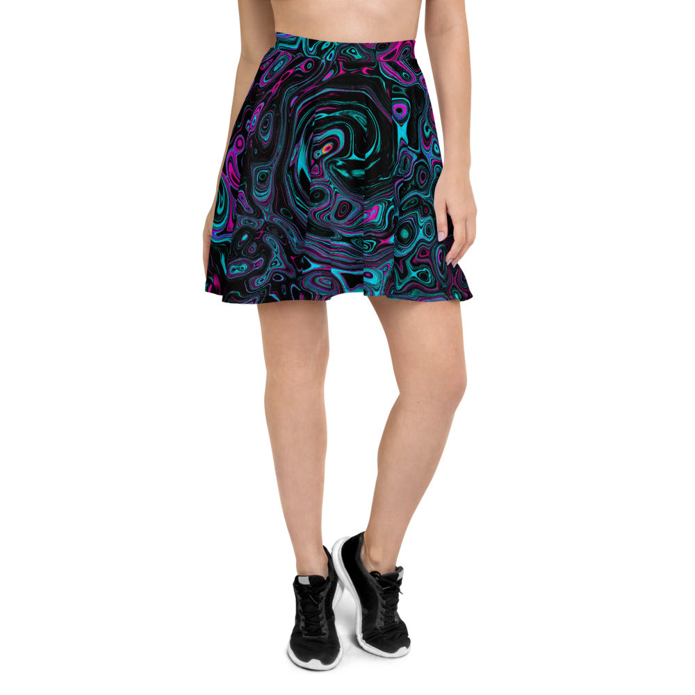 Skater Skirts, Retro Aqua Magenta and Black Abstract Swirl