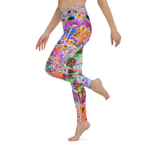 Yoga Leggings for Women, Psychedelic Hot Pink and Lime Green Garden Flowers