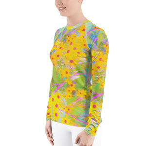 Women's Rash Guard, Pretty Yellow and Red Flowers with Turquoise