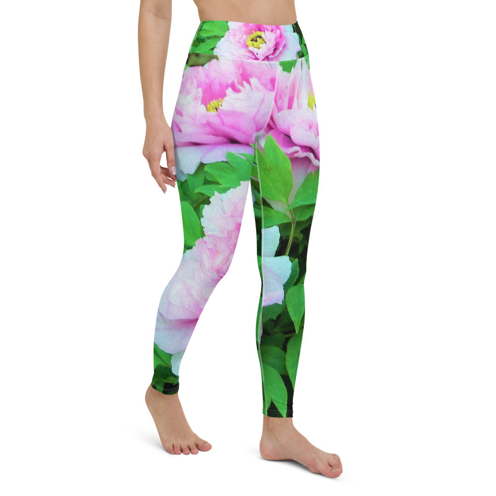 Floral Yoga Leggings for Women, Elegant Pink Tree Peony Flowers with Yellow Centers