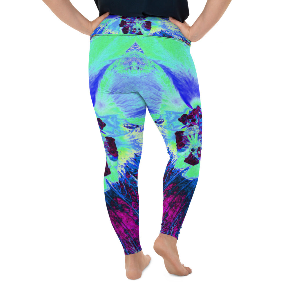 Plus Size Leggings, Psychedelic Retro Green and Blue Hibiscus Flower