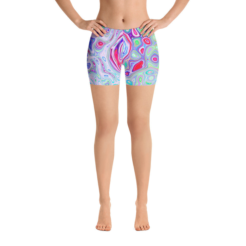 Spandex Shorts, Groovy Abstract Retro Pink and Green Swirl