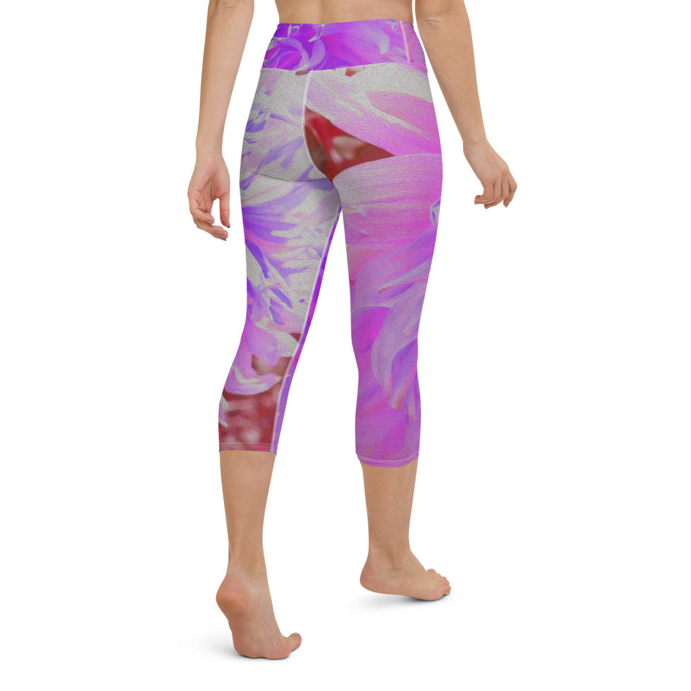 Capri Yoga Leggings, Elegant Ultra-Violet Decorative Dahlia Flower