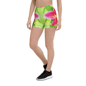 Spandex Shorts for Women, Pretty Deep Pink Stargazer Lily on Lime Green