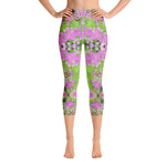 Yoga Capri Leggings, Hot Pink Succulent Sedum with Fleshy Green Leaves