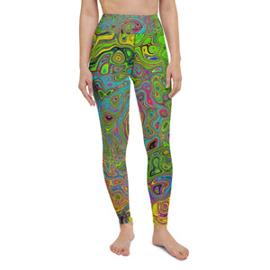 Yoga Leggings for Women, Groovy Abstract Retro Lime Green and Blue Swirl