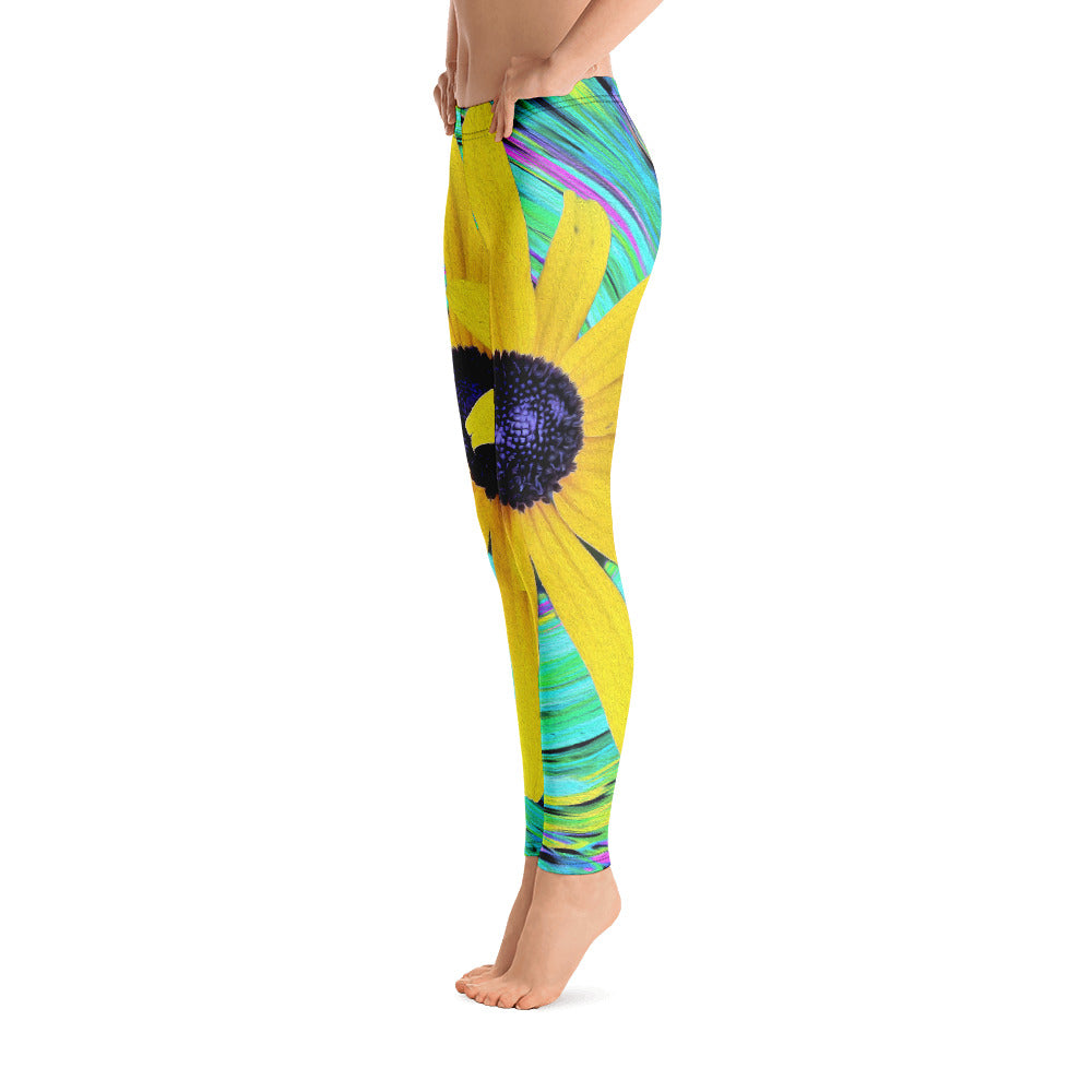 Leggings for Women, Yellow Rudbeckia Flowers on a Turquoise Swirl