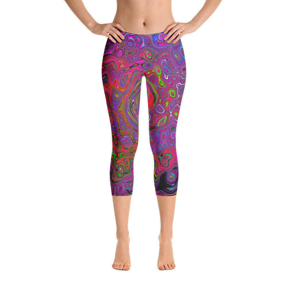 Capri Leggings, Psychedelic Groovy Magenta Retro Liquid Swirl