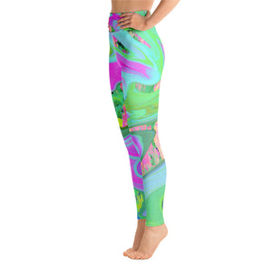 Yoga Leggings for Women, Retro Pink and Light Blue Liquid Art on Hydrangea
