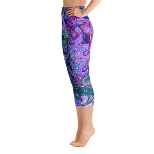 Capri Yoga Leggings, Groovy Abstract Retro Green and Purple Swirl