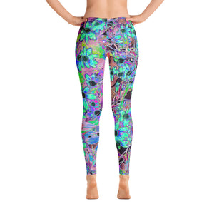 Leggings for Women, Purple Garden with Psychedelic Aquamarine Flowers
