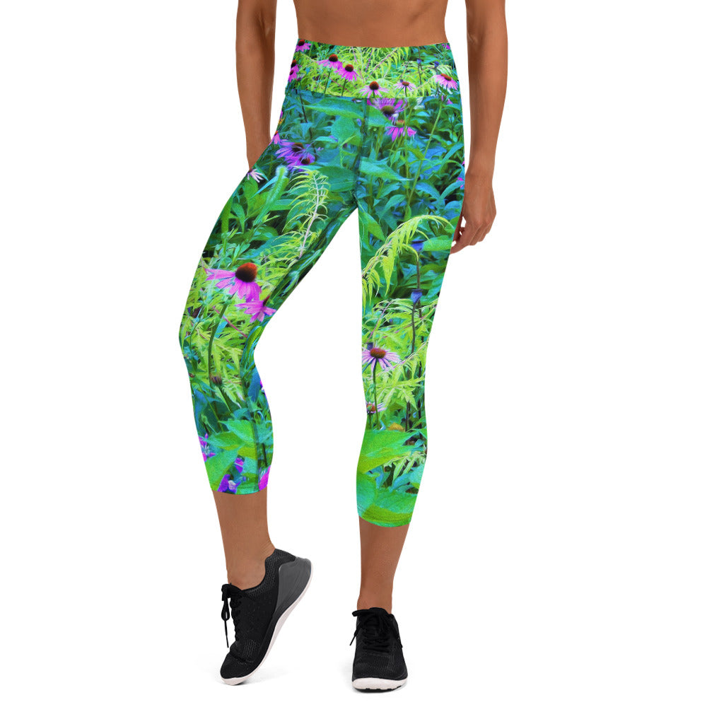 Capri Yoga Leggings, Purple Coneflower Garden with Chartreuse Foliage