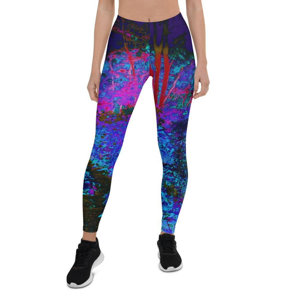 Leggings for Women, Impressionistic Dark Blue and Red Garden Landscape