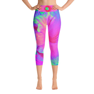 Capri Yoga Leggings, Psychedelic Pink and Red Hibiscus Flower