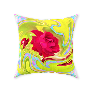 Decorative Throw Pillows, Painted Red Rose on Yellow and Blue Abstract