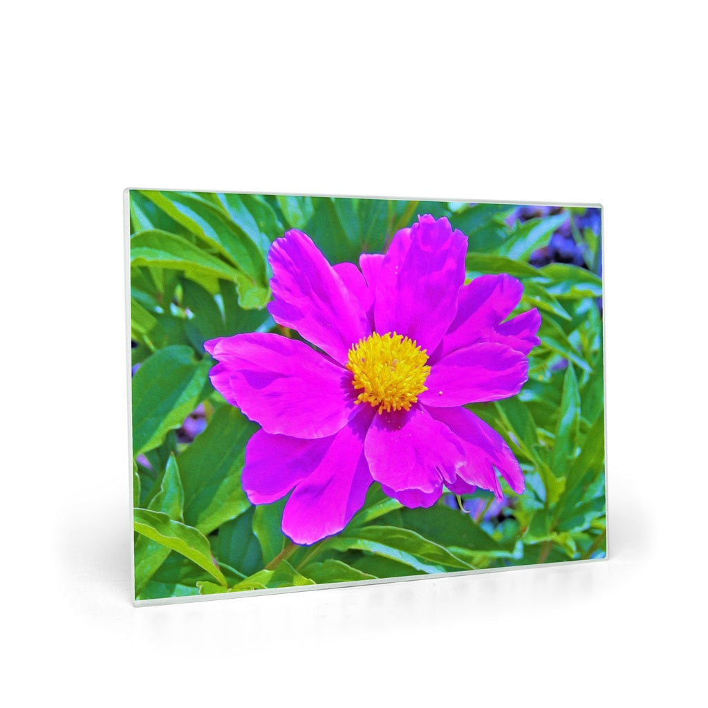 Glass Cutting Board, Brilliant Ultra Violet Peony with Yellow Center