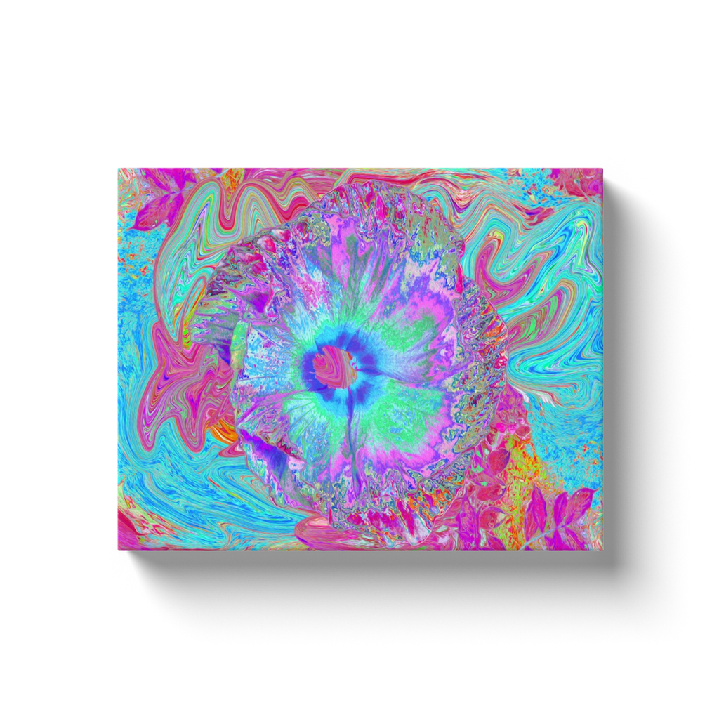 Canvas Wraps, Psychedelic Retro Rainbow Blue Hibiscus