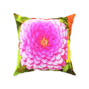 Decorative Throw Pillows, Pretty Round Pink Zinnia in the Summer Garden, Square