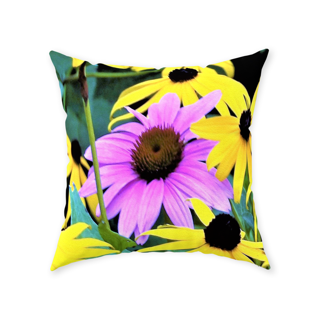 Floral Floor Pillows, Yellow Rudbeckia Flowers One Pink Coneflower