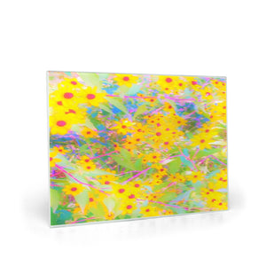 Glass Cutting Board, Pretty Yellow and Red Flowers with Turquoise