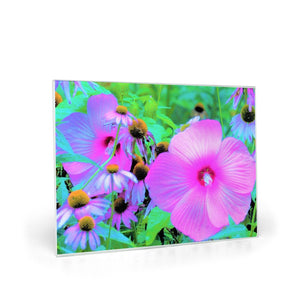 Glass Cutting Boards, Pink Hibiscus and Coneflowers in the Garden