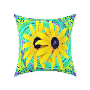 Decorative Throw Pillows - Yellow Rudbeckia Flowers on a Turquoise Swirl