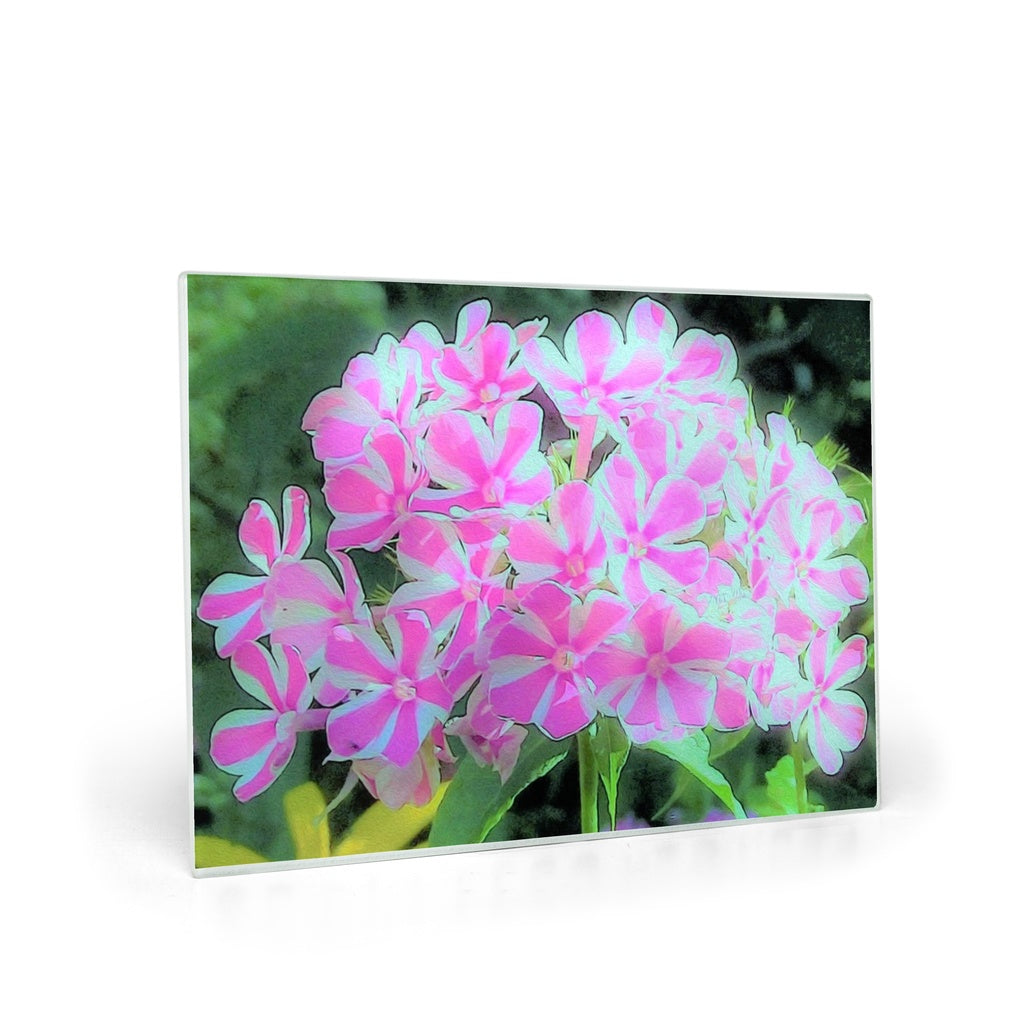 Glass Cutting Board, Hot Pink and White Peppermint Twist Garden Phlox