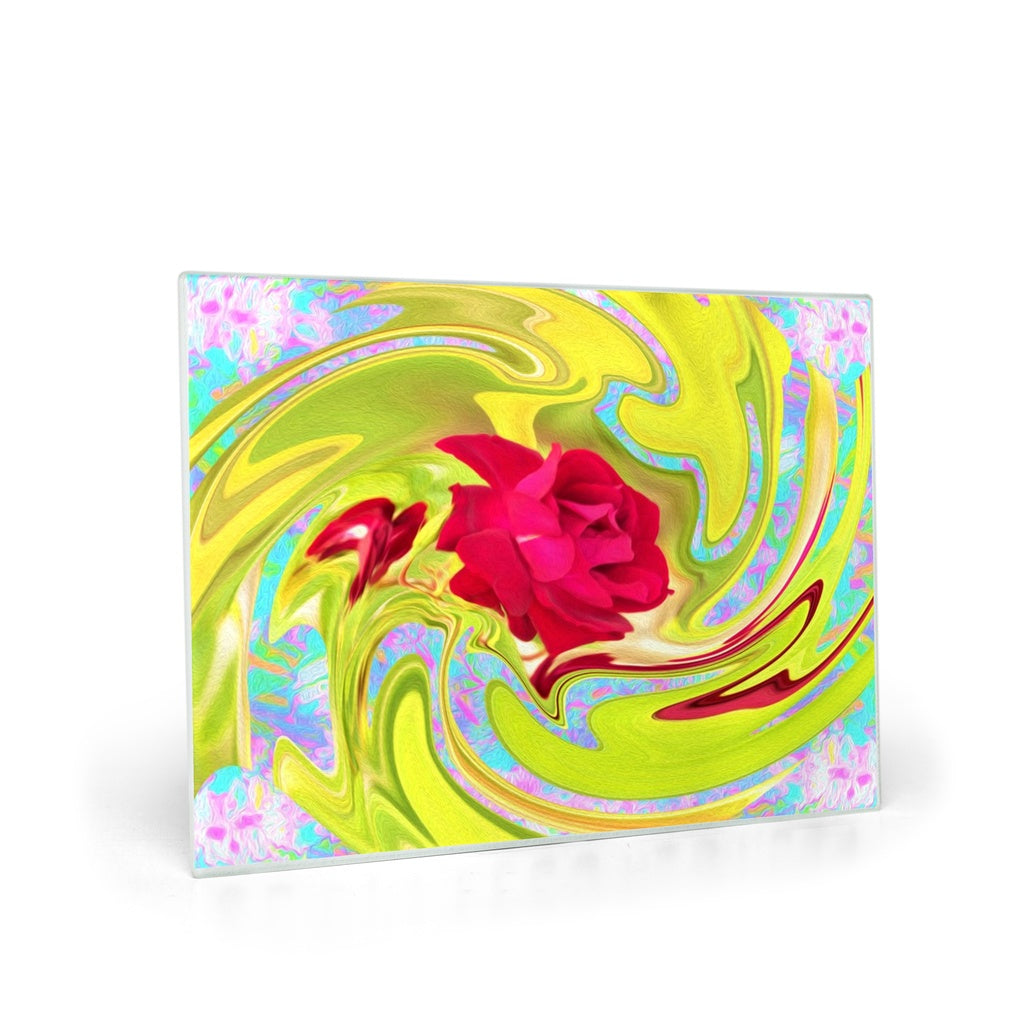 Glass Cutting Board, Painted Red Rose on Yellow and Blue Abstract