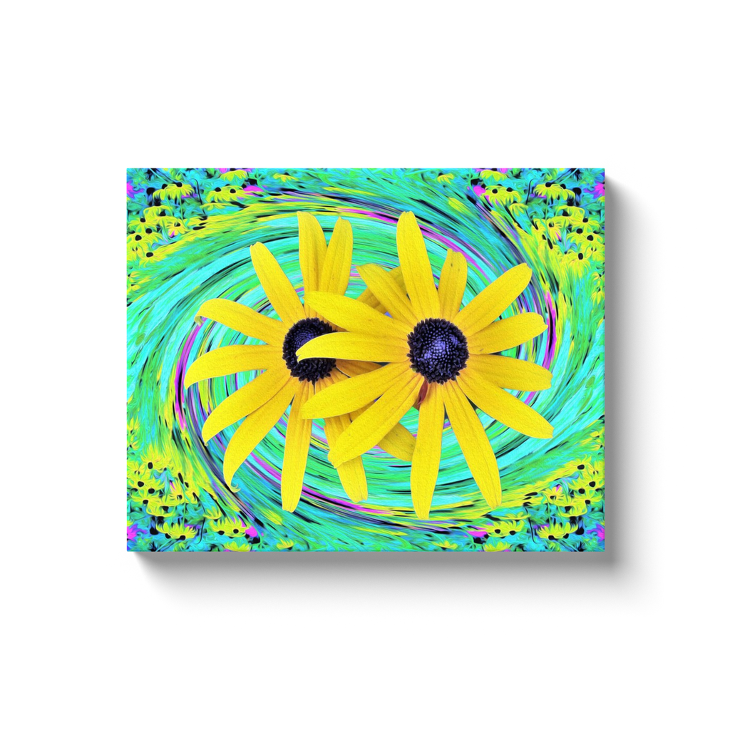 Canvas Wraps, Yellow Rudbeckia Flowers on a Turquoise Swirl