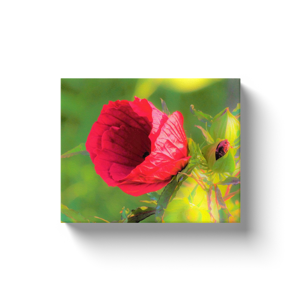 Canvas Wrapped Art Prints, Modern Red Hibiscus with Golden Green Foliage