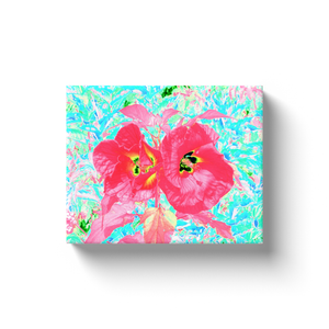 Canvas Wraps, Two Rosy Red Coral Plum Crazy Hibiscus on Aqua