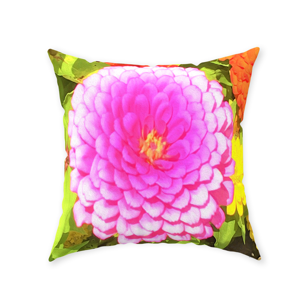 Decorative Throw Pillows, Pretty Round Pink Zinnia in the Summer Garden, Square
