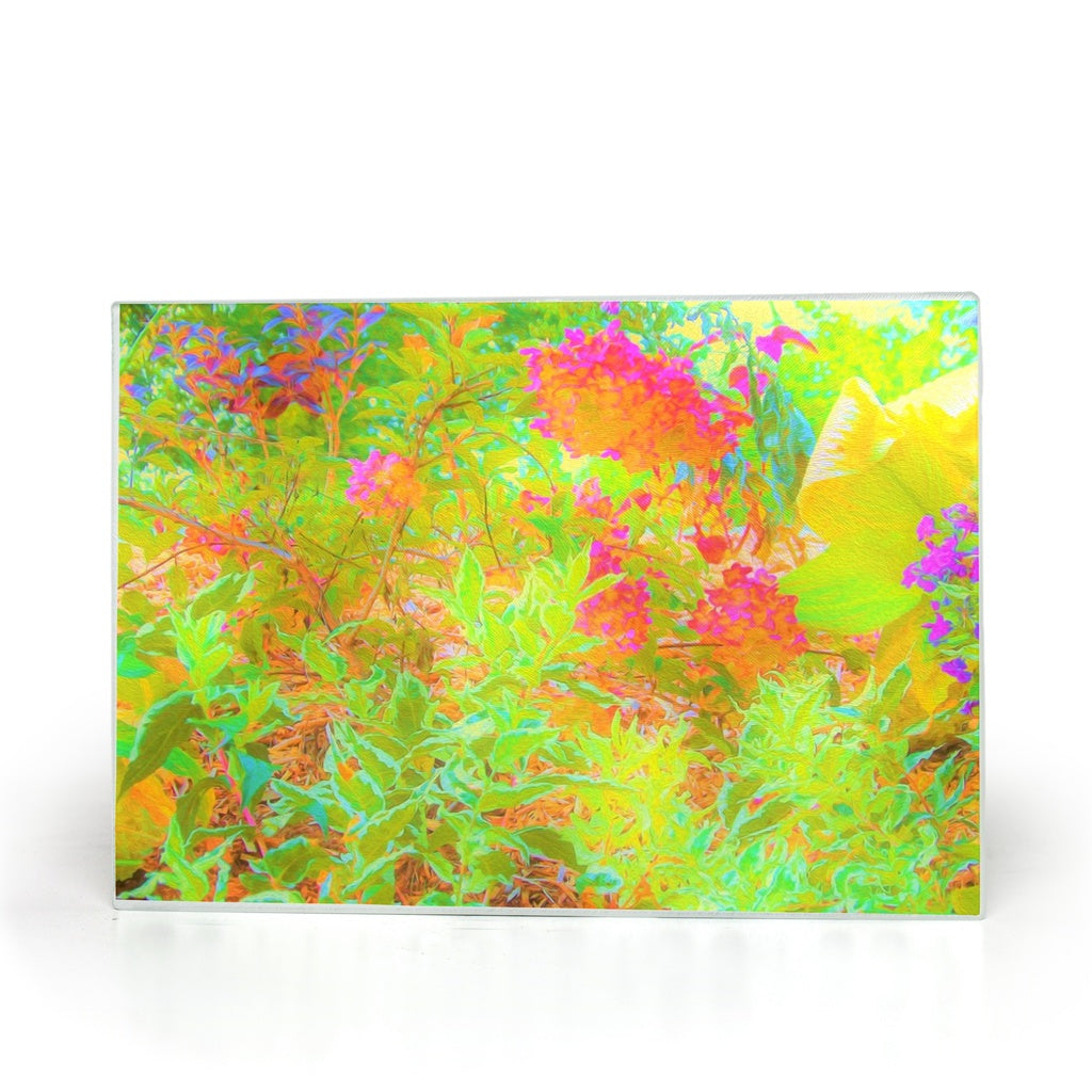 Glass Cutting Board, Autumn Colors Landscape with Hot Pink Hydrangea