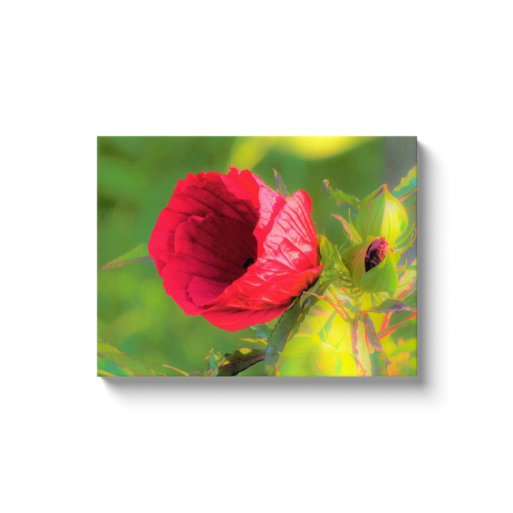 Canvas Wrapped Art Prints, Modern Red Hibiscus with Golden Green Foliage