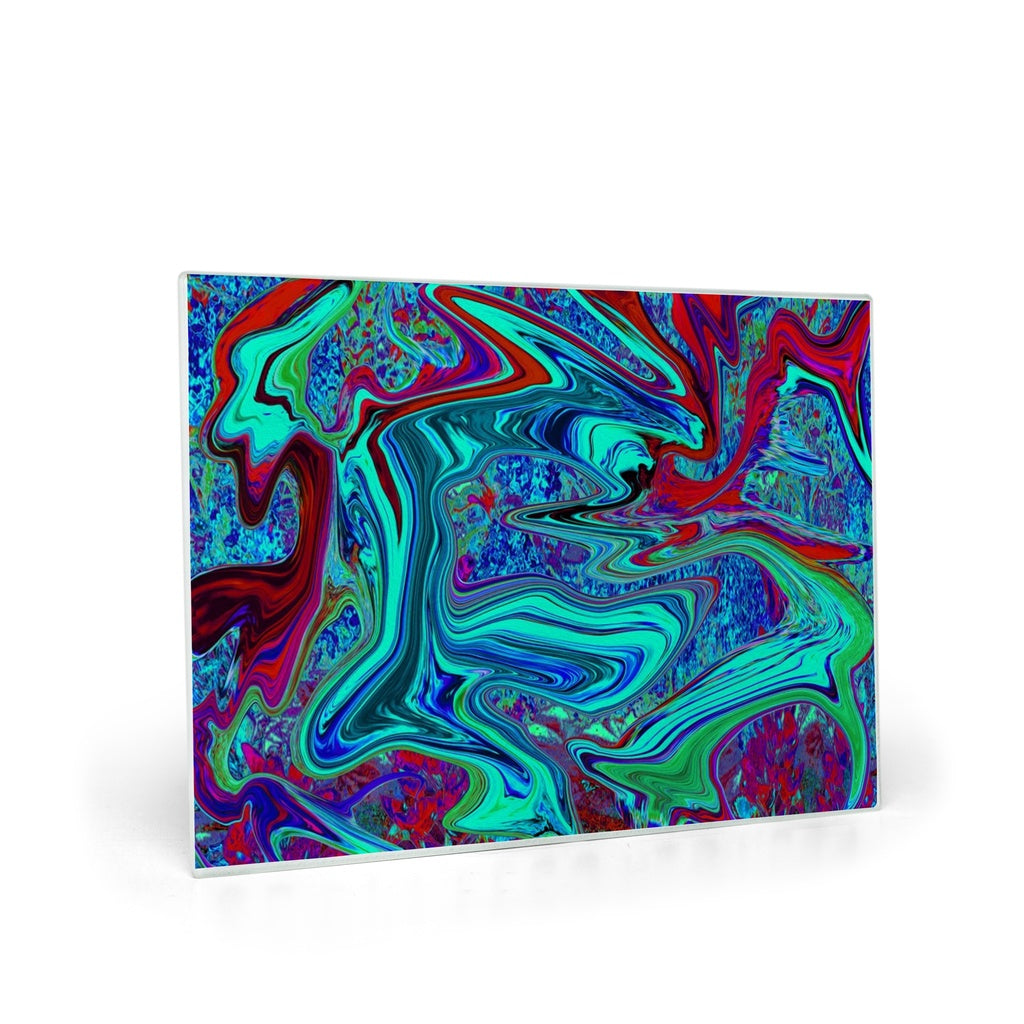 Glass Cutting Boards, Groovy Abstract Retro Art in Blue and Red