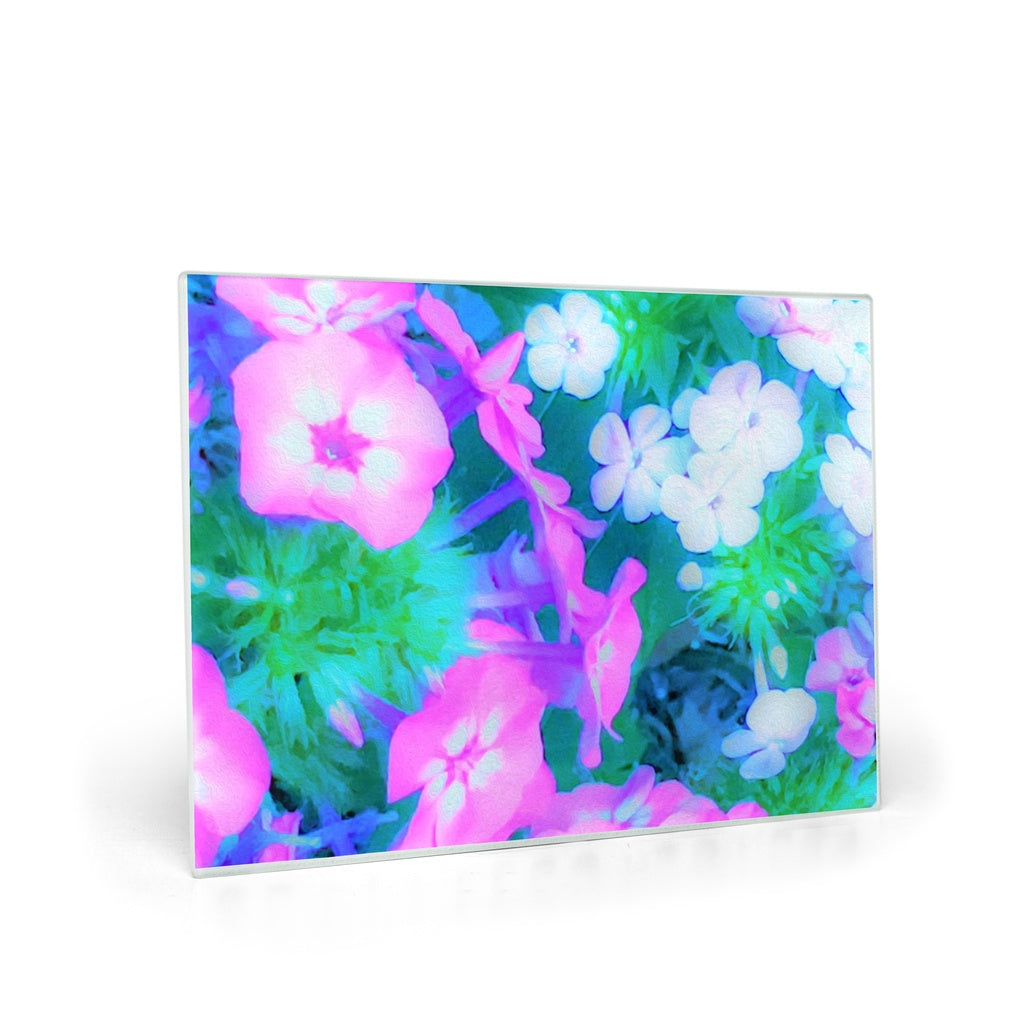 Glass Cutting Board, Pink, Green, Blue and White Garden Phlox Flowers