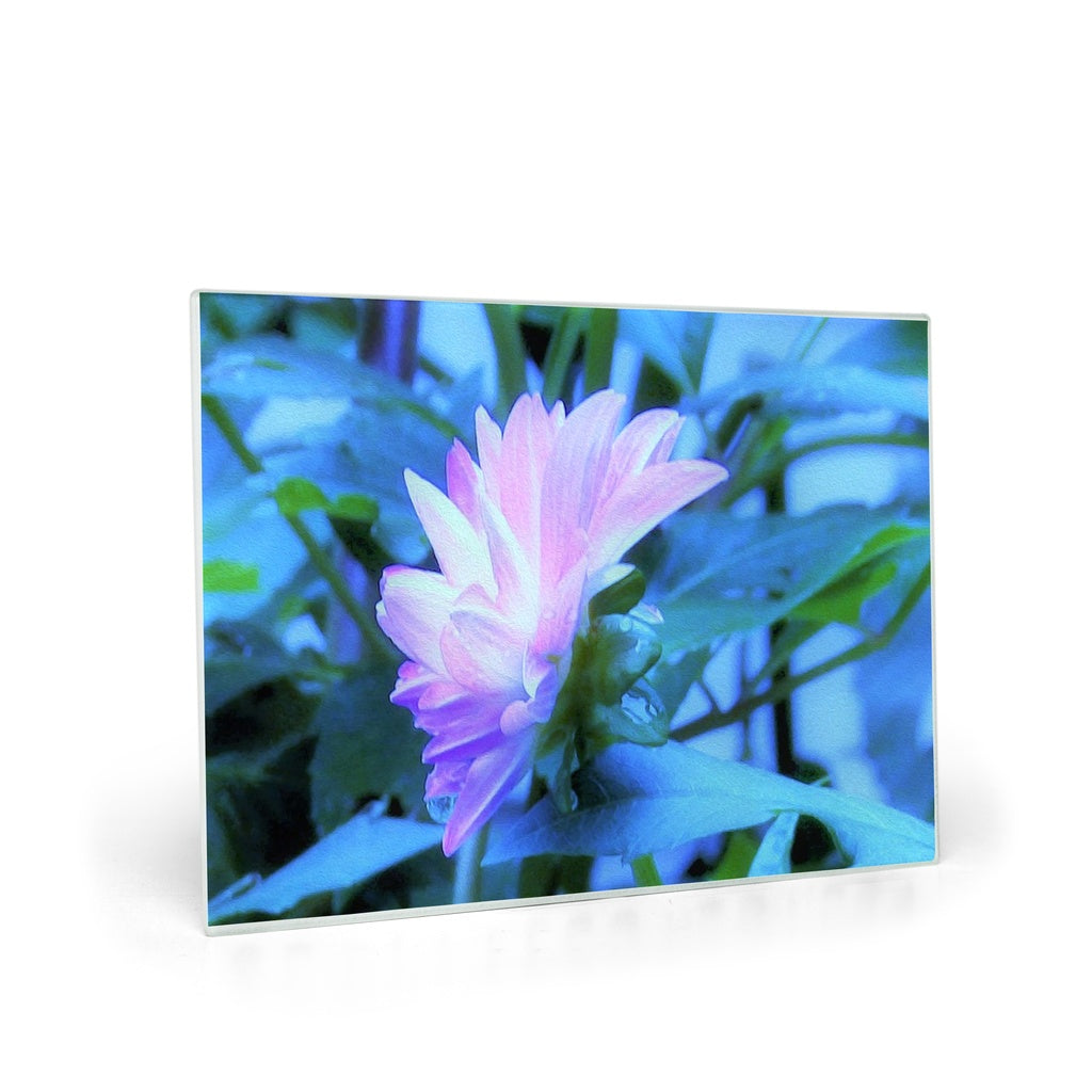 Glass Cutting Boards, White and Purple Dahlia Profile on Blue
