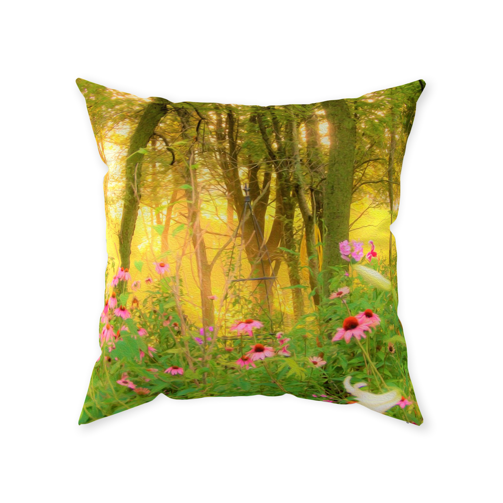Decorative Throw Pillows, Golden Sunrise with Pink Coneflowers in My Garden