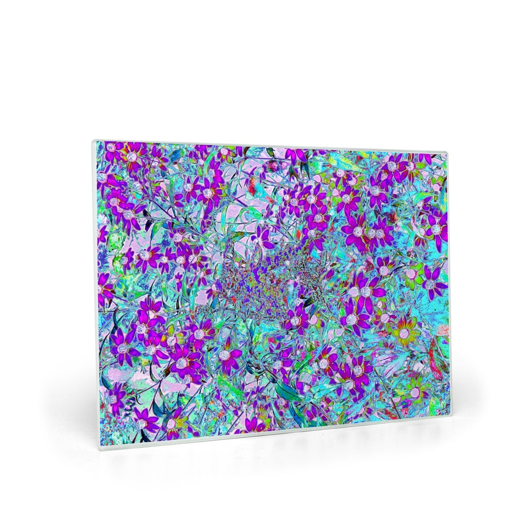 Glass Cutting Boards, Aqua Garden with Violet Blue and Hot Pink Flowers