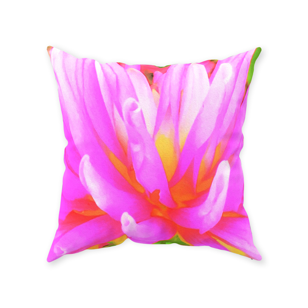 Decorative Throw Pillows, Fiery Hot Pink and Yellow Cactus Dahlia Flower