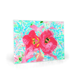 Glass Cutting Boards, Two Rosy Red Coral Plum Crazy Hibiscus on Aqua