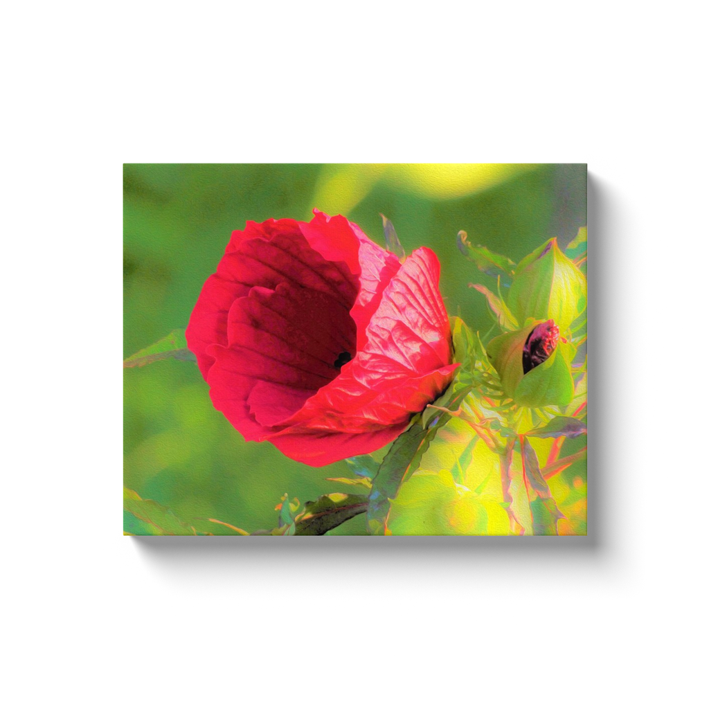 Canvas Wrapped Art Prints, Modern Red Hibiscus with Golden Green Foliage