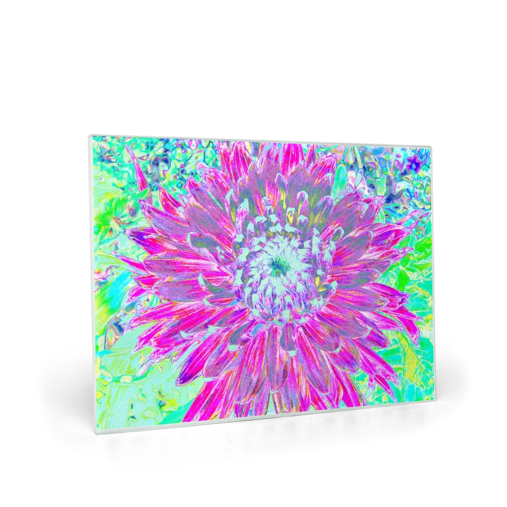 Glass Cutting Boards, Magenta and Light Blue Decorative Dahlia Detail