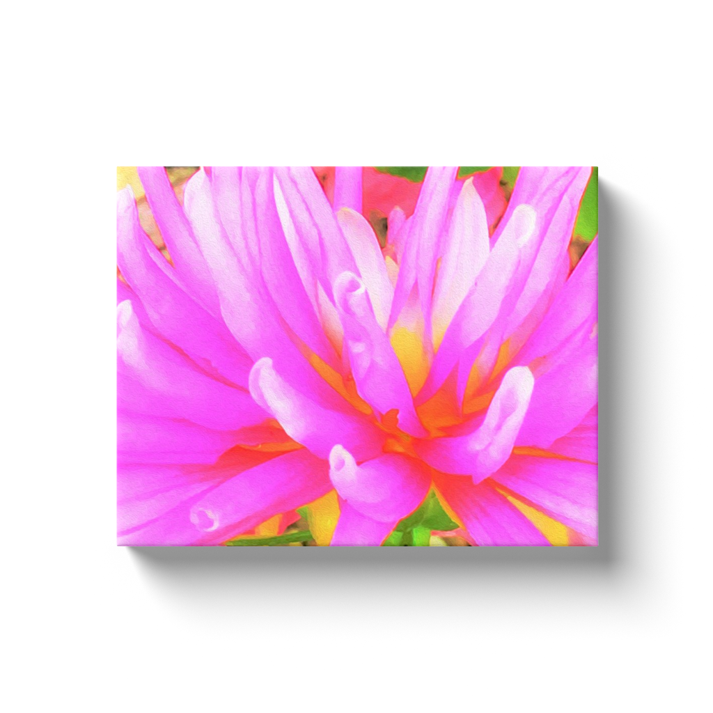 Canvas Wraps, Fiery Hot Pink and Yellow Cactus Dahlia Flower