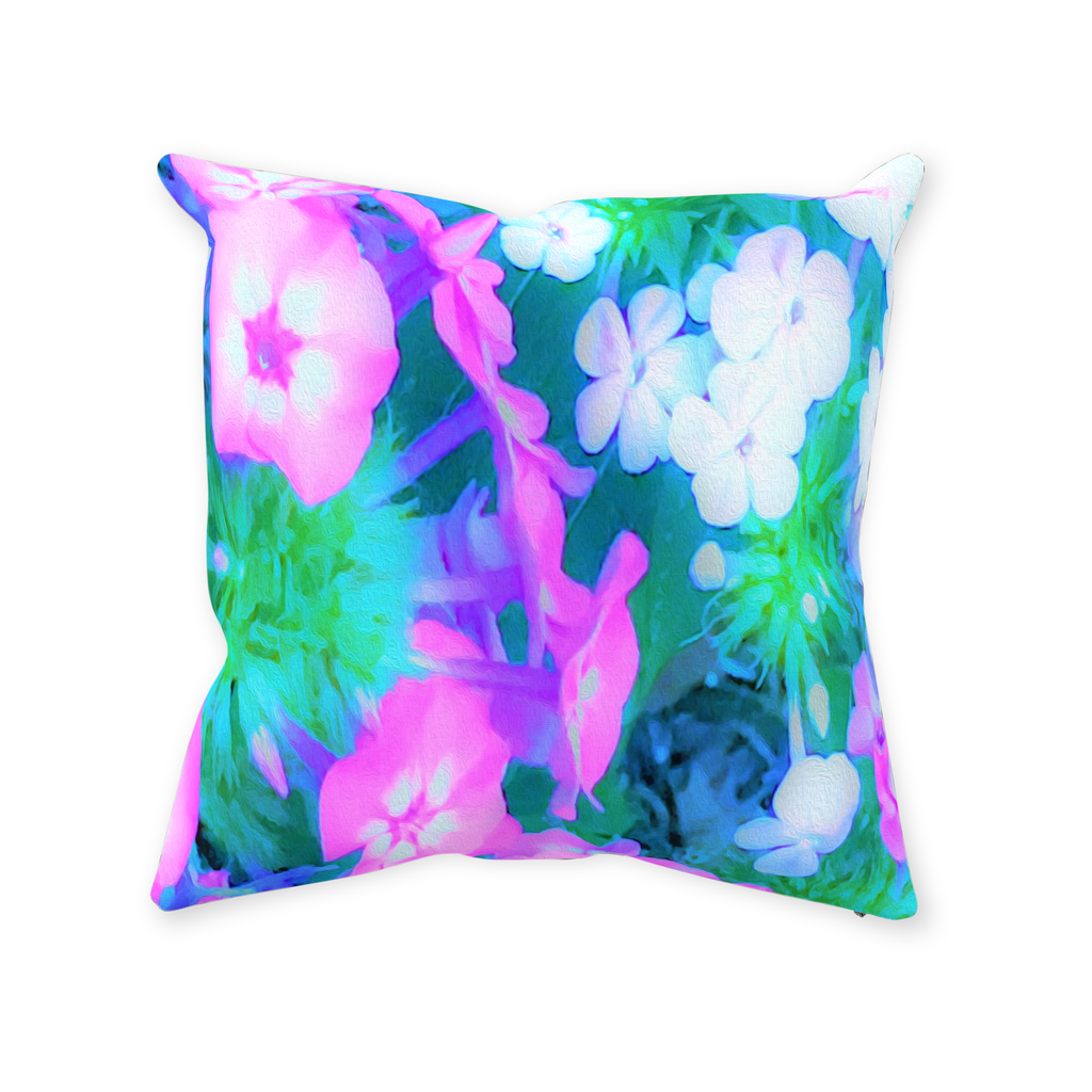 Decorative Throw Pillows, Pink, Green, Blue and White Garden Phlox Flowers - Square