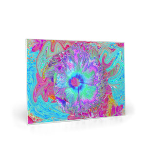 Glass Cutting Boards, Psychedelic Retro Rainbow Blue Hibiscus