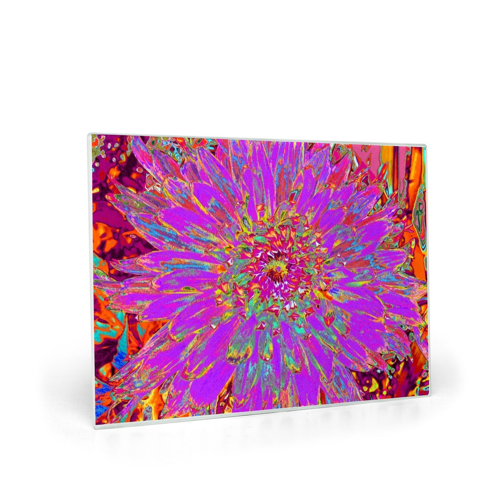 Glass Cutting Boards, Retro Psychedelic Purple and Orange Dahlia Flower