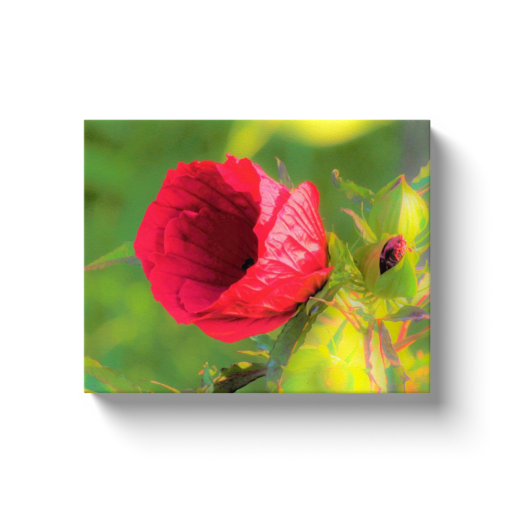 Canvas Wrapped Art Prints, Modern Red Hibiscus with Golden Green Foliage